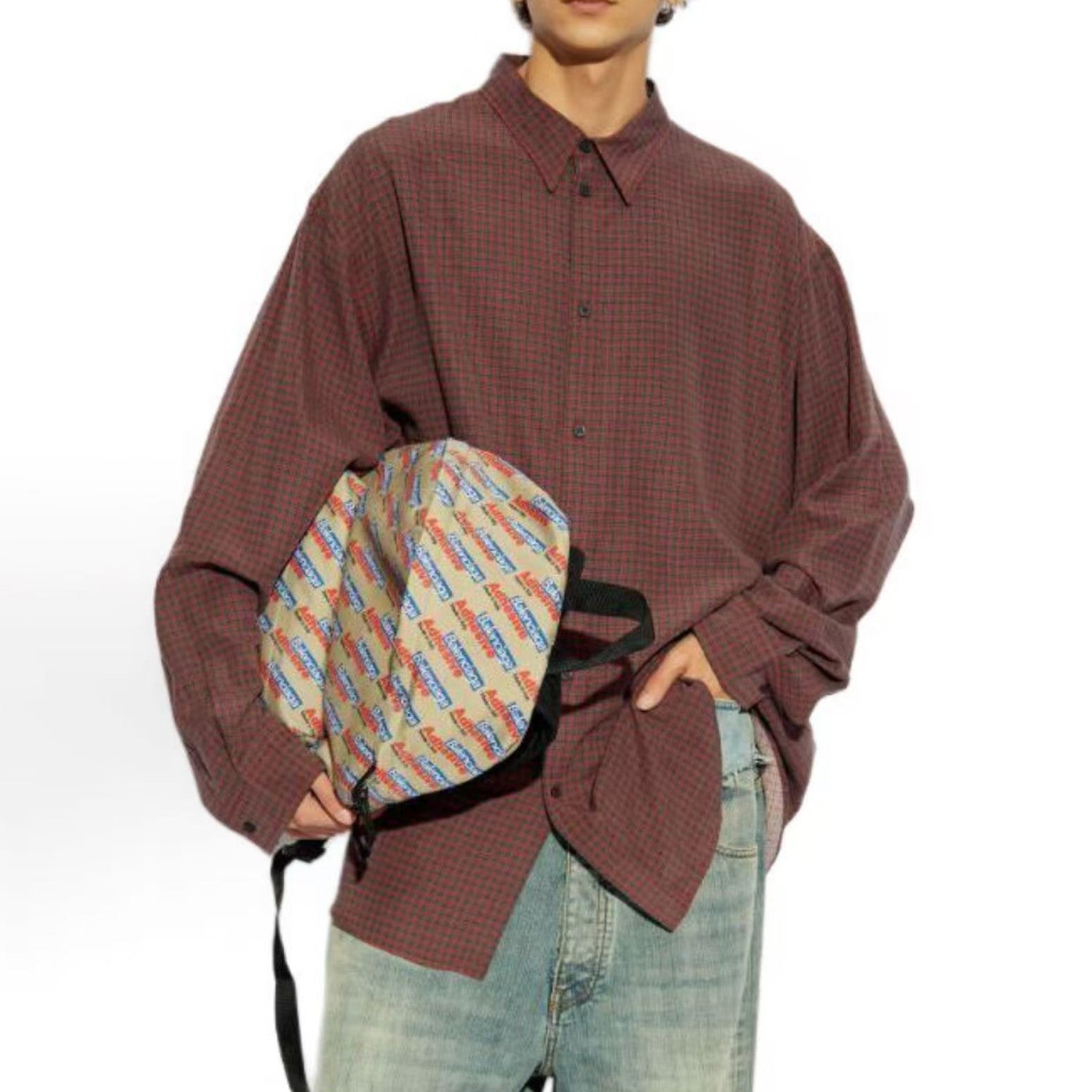 Balenciaga Men's Fall And Winter Show Models Y2k Vintage Dark Burgundy Plaid Shirt Loose Silhouette Lycra Fiber Single-breasted Lapel Shirt Jacket Ngvp #2471