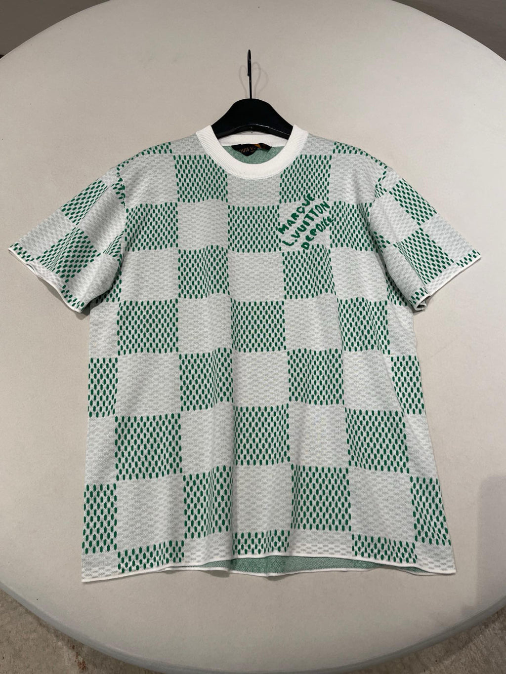 Louis Vuitton Men's Summer White Green Plaid Pattern Round Neck Cotton Short Sleeve T-Shirt #98739