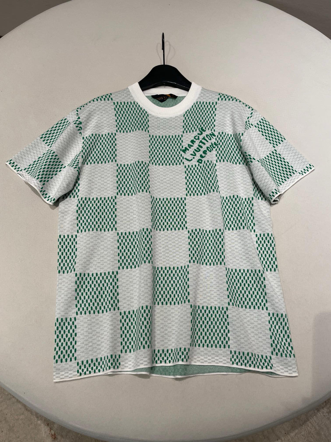 Louis Vuitton Men's Summer White Green Plaid Pattern Round Neck Cotton Short Sleeve T-Shirt #98739