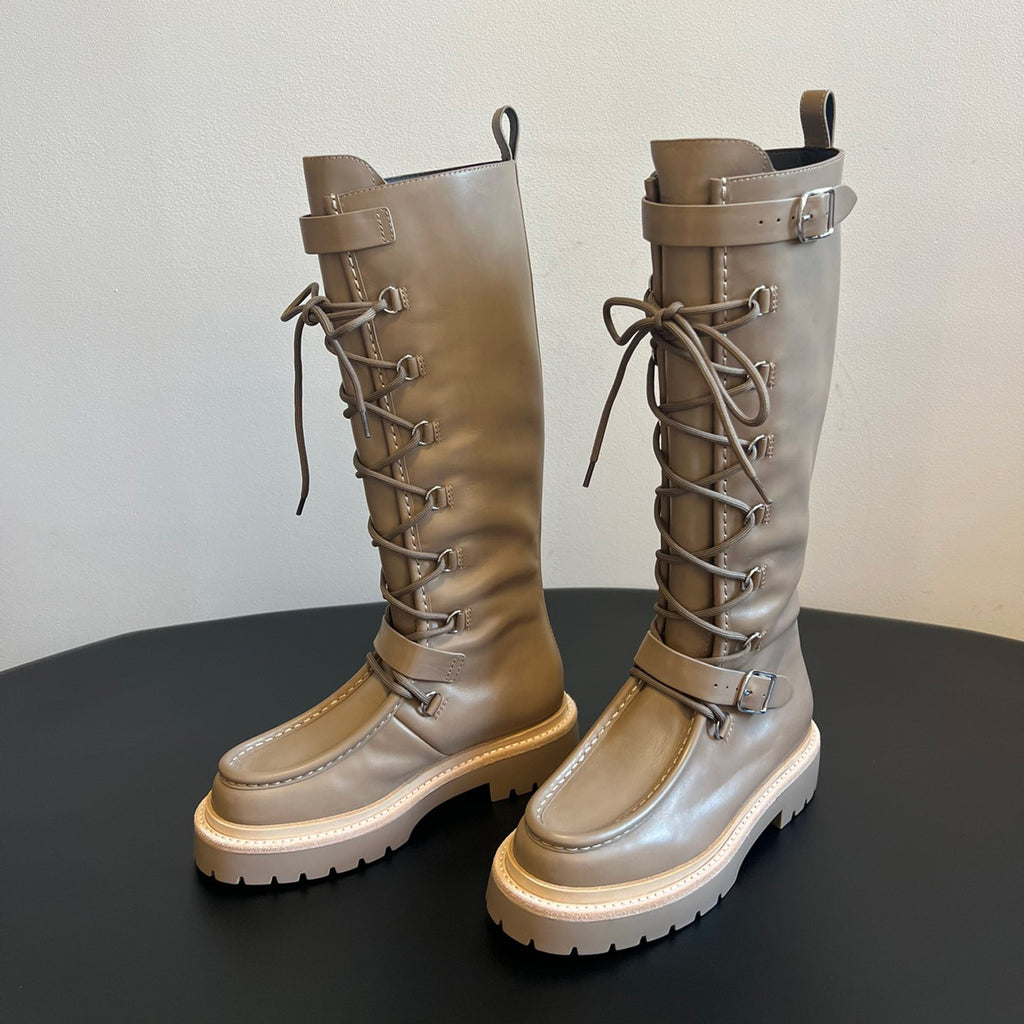 Hermes Women's Fall/Winter Landscape Boots Lace-Up Round-Toe High-Top Boots Solid-Color Cowhide Casual Shoes Heel Height: 3.5cm Ngvp #2326