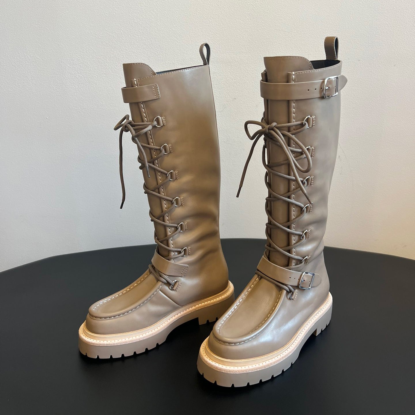 Hermes Women's Fall/Winter Landscape Boots Lace-Up Round-Toe High-Top Boots Solid-Color Cowhide Casual Shoes Heel Height: 3.5cm Ngvp #2326