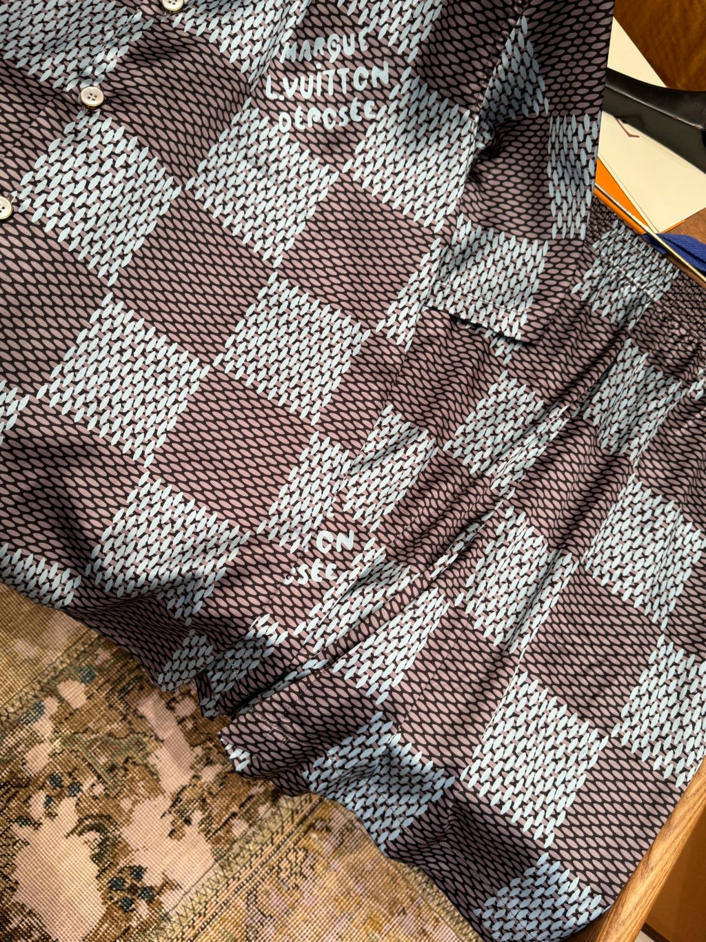 Louis Vuitton Men's Summer Solid Color Checkered Print Single-Breasted Short-Sleeved Shirt and Casual Shorts Set Suit #77177