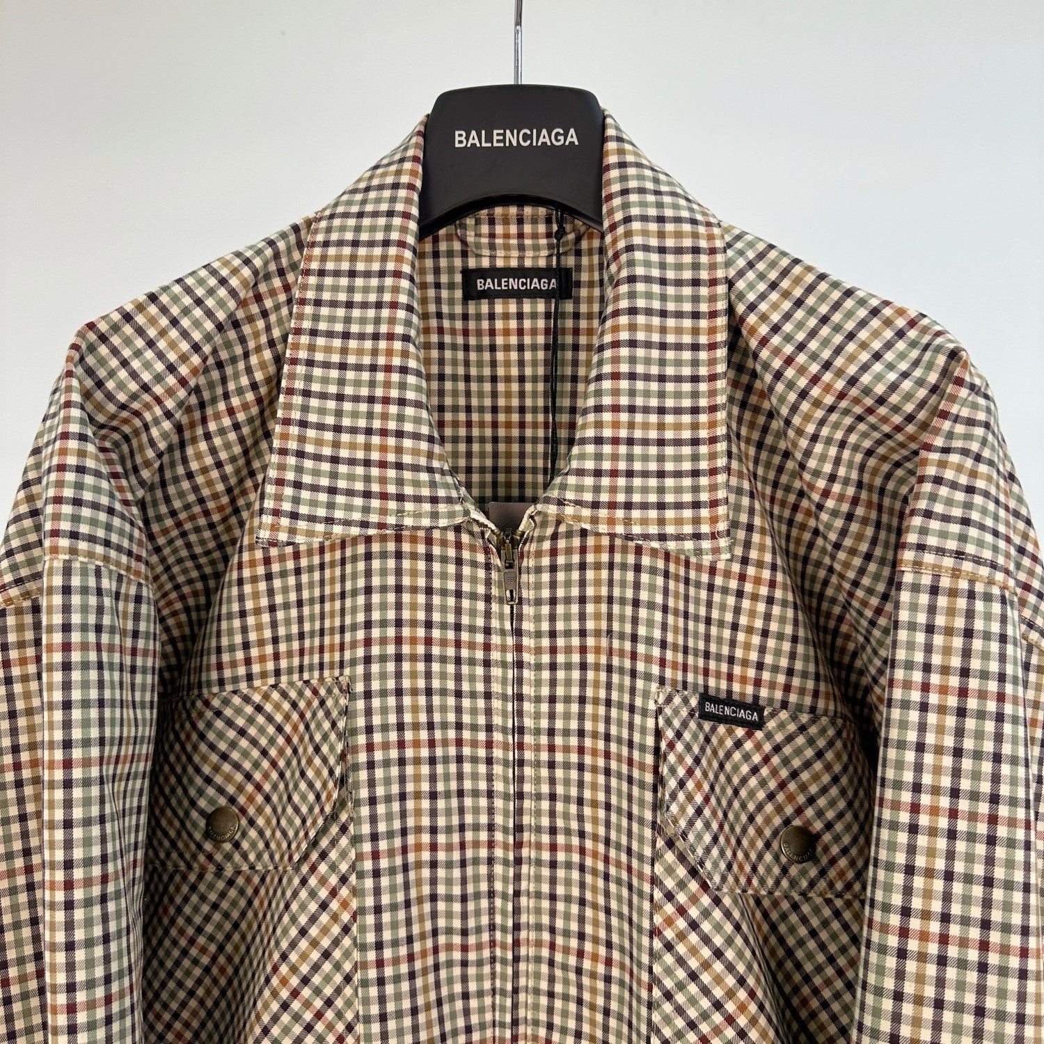 Balenciaga Men's Spring/Autumn Fashion Casual Checkered Collar Zipper Loose Long Sleeved Shirt #78321