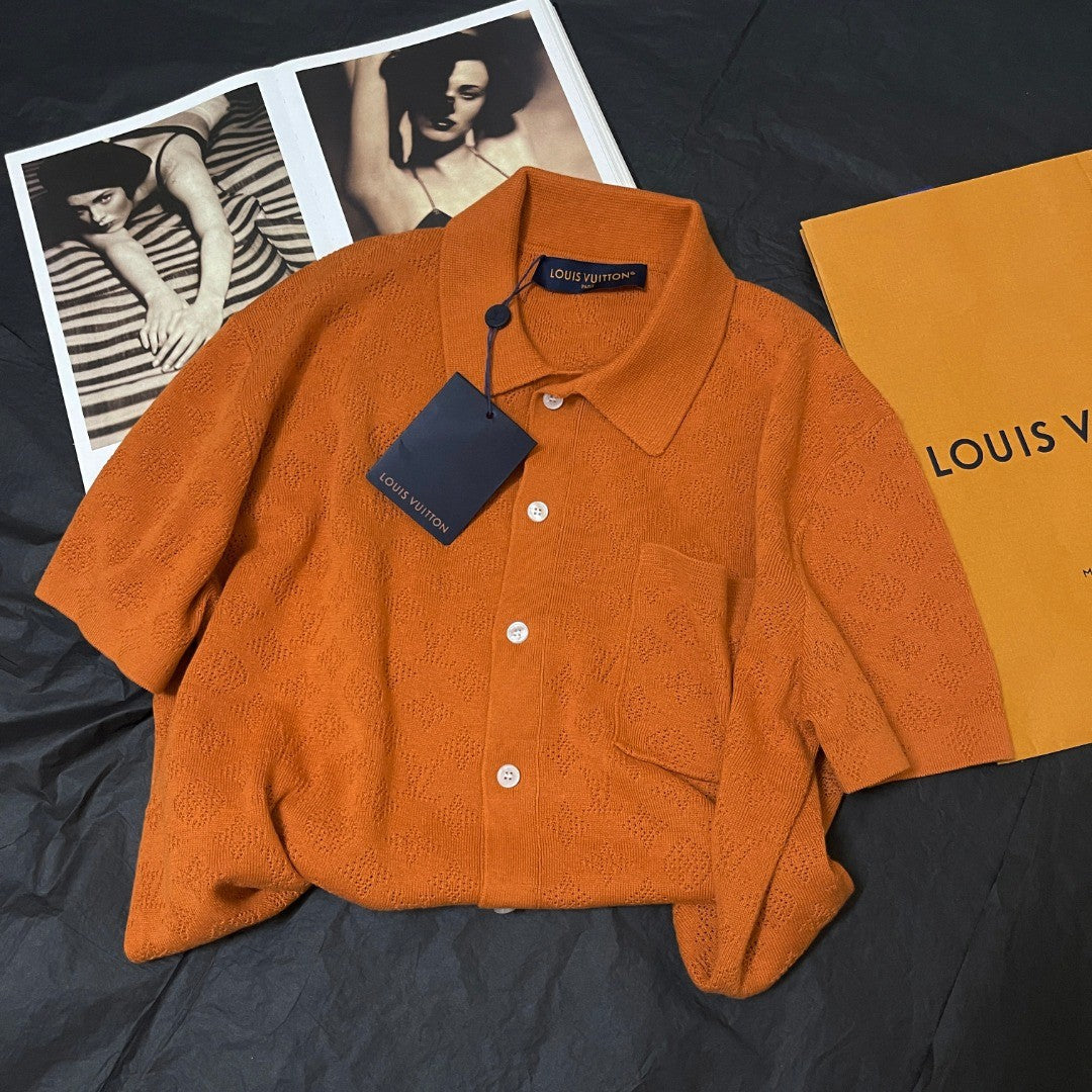 Louis Vuitton Men's Summer Orange Skeleton Letter Printed Single Breasted Short Sleeve Shirt #75627