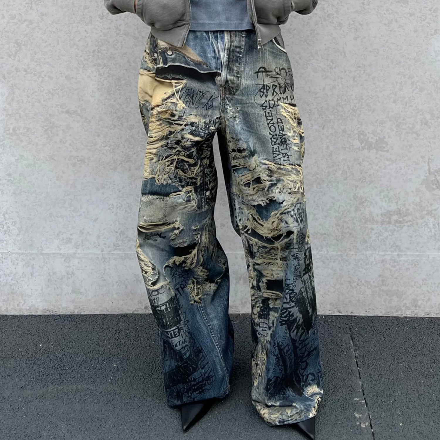 Acne Studios Men's Spring And Summer Ripped Graffiti Mise-en-scène Effect Print Denim Pants Super Loose Fit Jeans Fashion High Street Casual Blue Straight Trousers Ngvp #1186