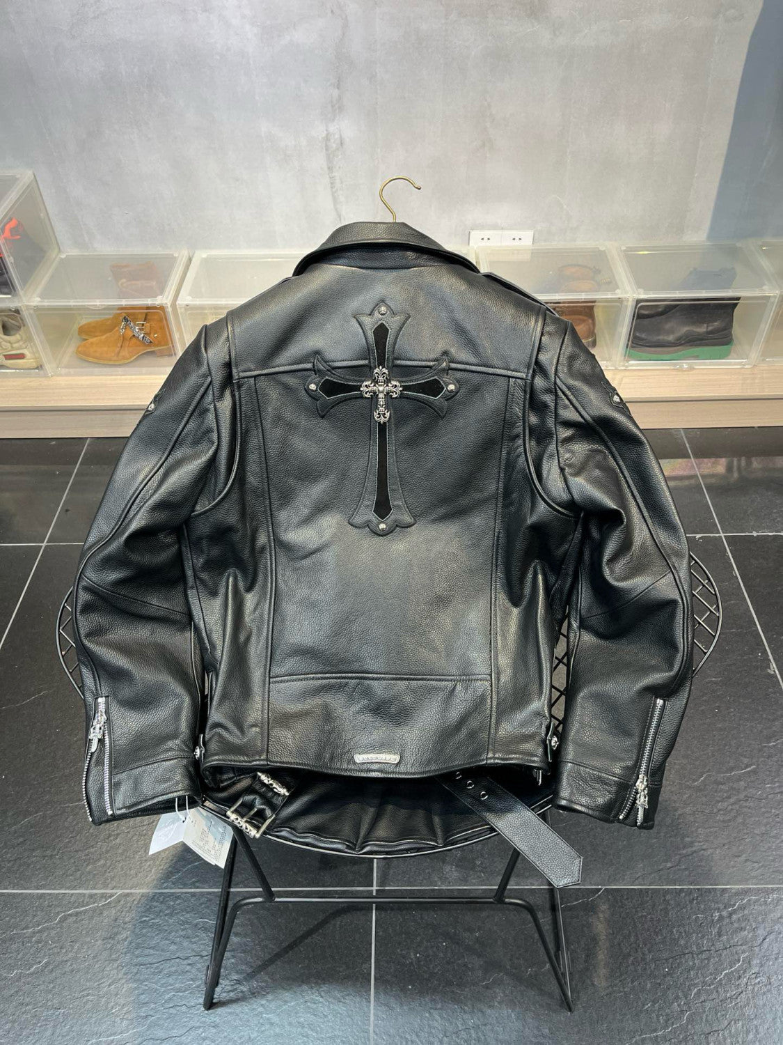 Chrome Hearts Men's Spring And Autumn Black Lapel Zipper Long Sleeve Fitted Cross Leather Coat Jacket #98699