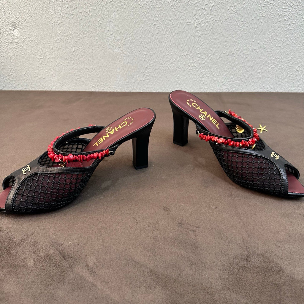 CHANEL Mules Mesh Cotton Lambskin Resin Metal Black #382390