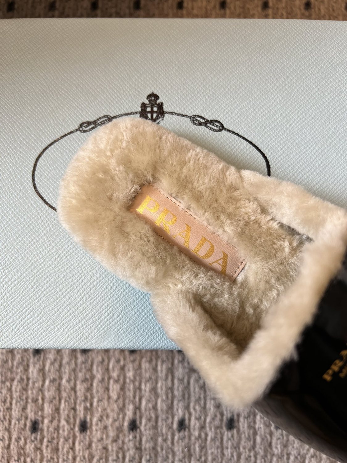 Prada Women's Fall/winter Fashion Casual Round Toe Slip On Leather Suede Fleece Lined Mule Shoes Half Slip On Slippers Shoes #79259