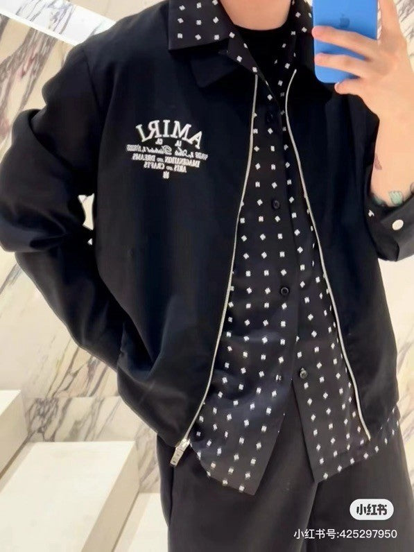 AMIRI Men's Arts District Jacket Spring/Fall Logo Embroidered Collar Zip-Up Solid Color Long Sleeve Outerwear #81542