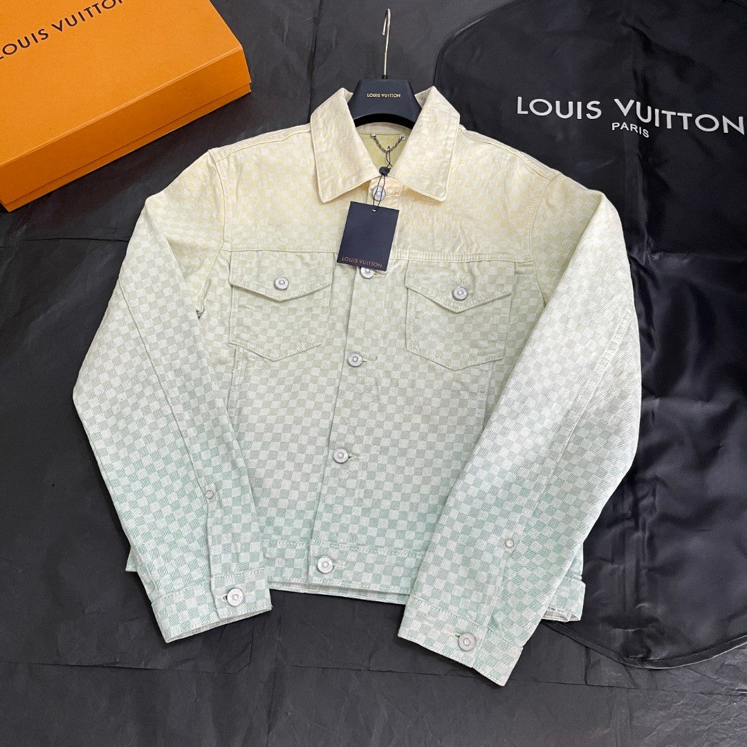Louis Vuitton Men's Fall/Winter Gradient Checkerboard Print Single Breasted Denim Long Sleeve Jacket #76538