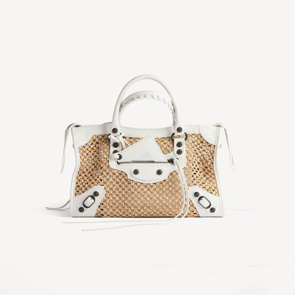 Balenciaga Le City Raffia-effect Fabric Small Handbag Black And White Fashionable Classic Handbag And Crossbody Bag Bags #84325A