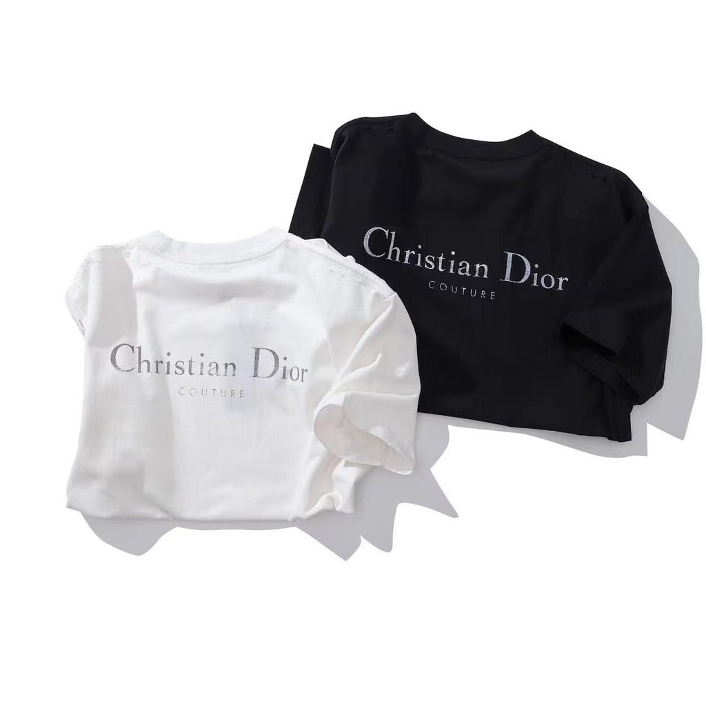 Dior Men's & Women's Summer Fashion Casual Solid Color Crew Neck Christian Dior Couture Print Relaxed Fit Plain-weave Knit Fabric With Distressed Finish Short Sleeve T-Shirt #79127