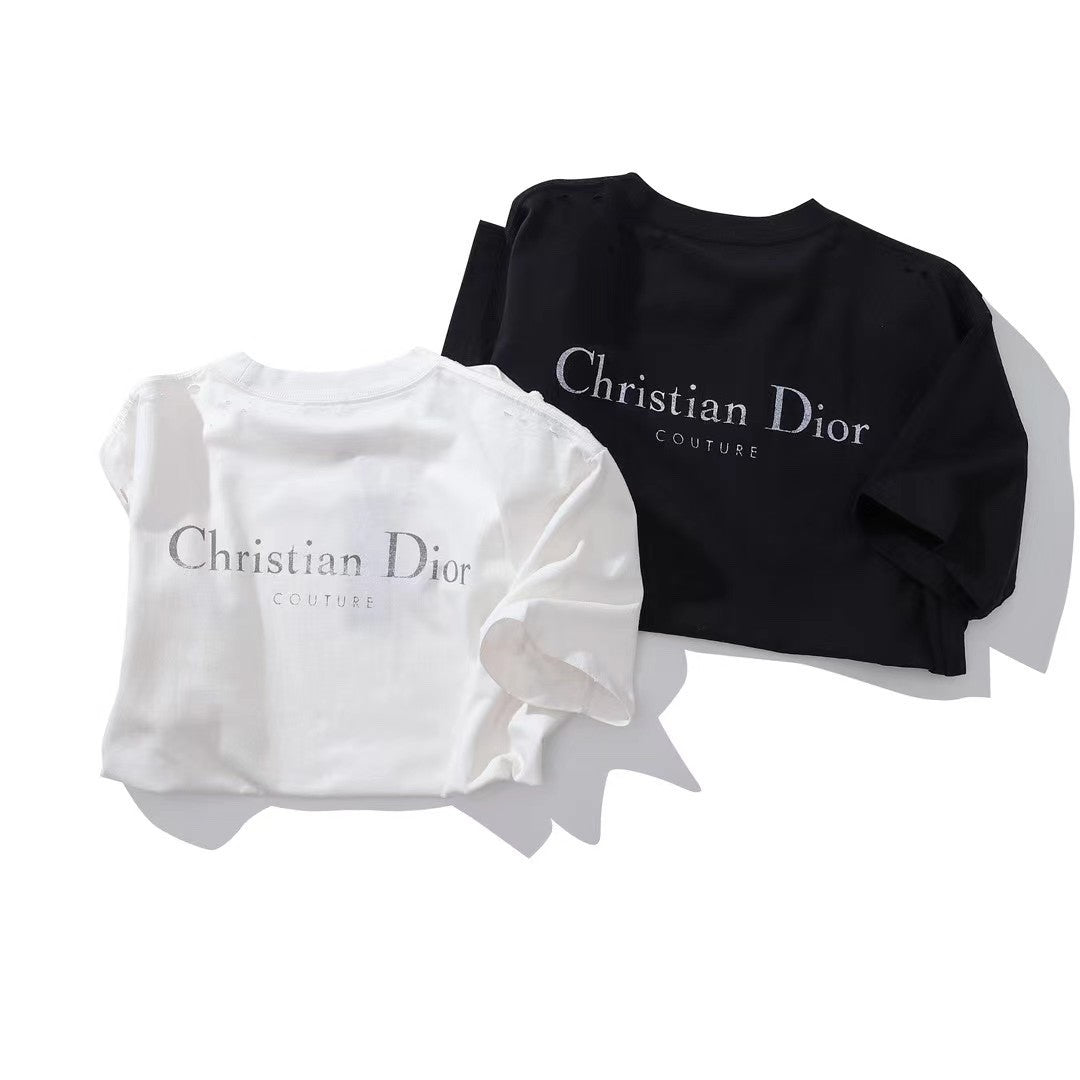 Dior Men's & Women's Summer Fashion Casual Solid Color Crew Neck Christian Dior Couture Print Relaxed Fit Plain-weave Knit Fabric With Distressed Finish Short Sleeve T-Shirt #79127