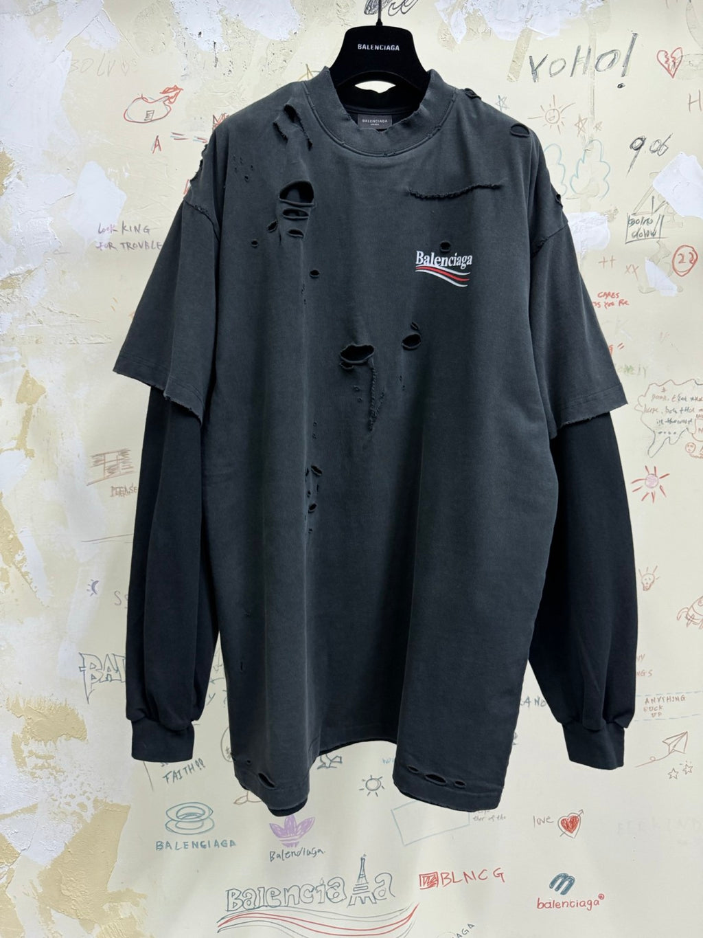 Balenciaga Men's Spring Summer Political Campaign Layered Black Vintage Plain Knit Long Sleeve T-Shirt #75967