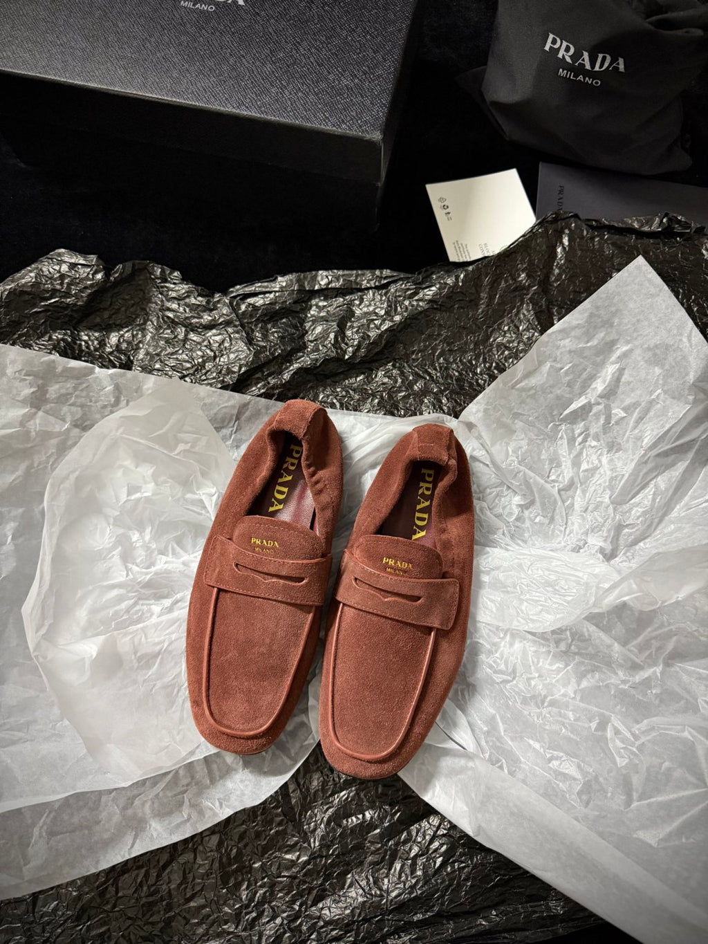 Prada Women's Solid Color Round Toe Slip-On Shiny Oiled Leather and Suede Casual Loafers Shoes #77758