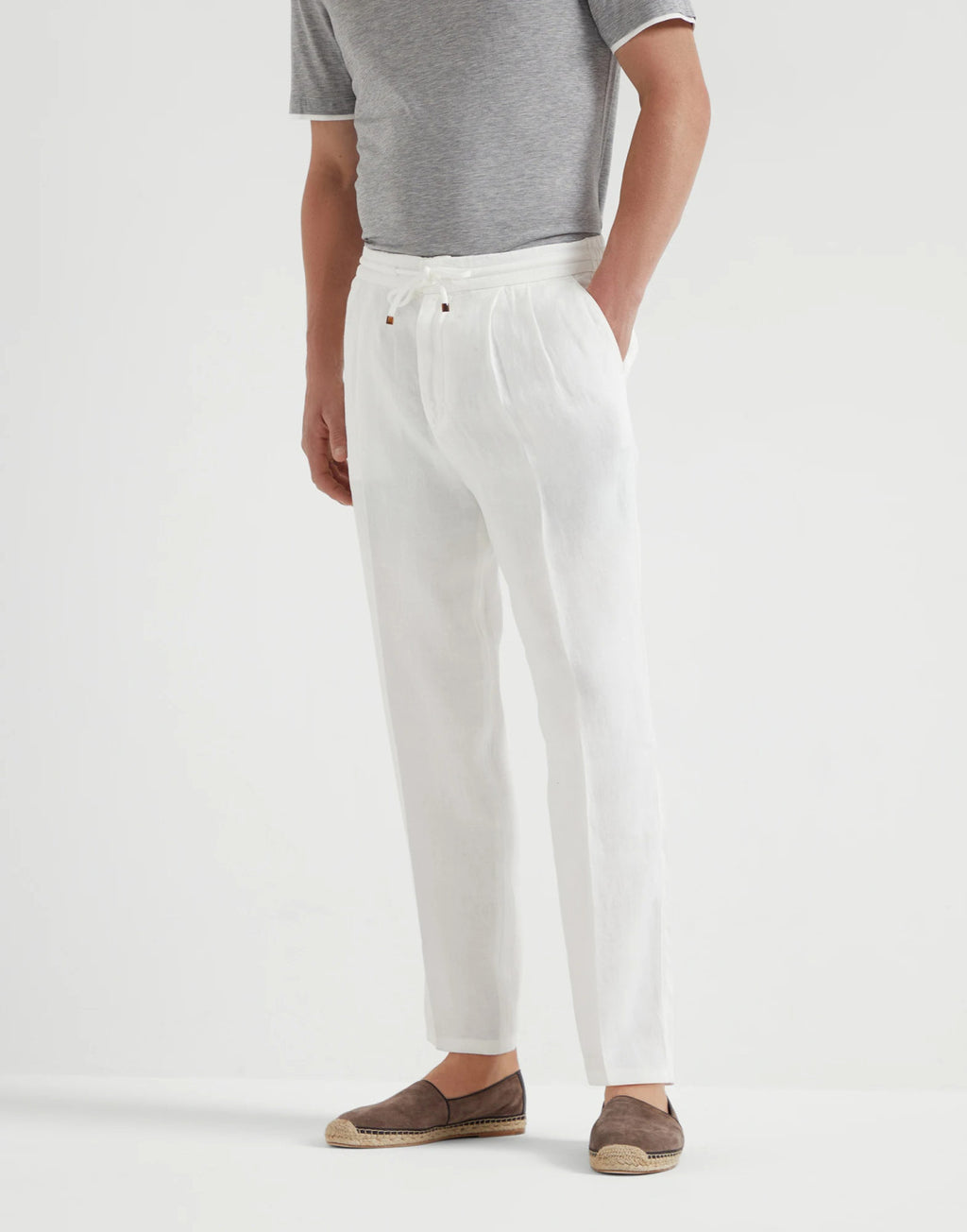 Brunello Cucinelli Men's Four-Season Drawstring Tie-Waist Plain-Colored Fitted Casual Linen Pants Ngvp #2296
