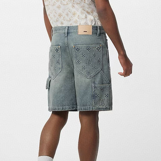 Louis Vuitton Men's Summer Fashion Casual Collared Single Button Classic Embossed Denim Short Sleeve Shirt Classic Print Zipper Mid Rise Workwear Denim Shorts Suit Set #78561