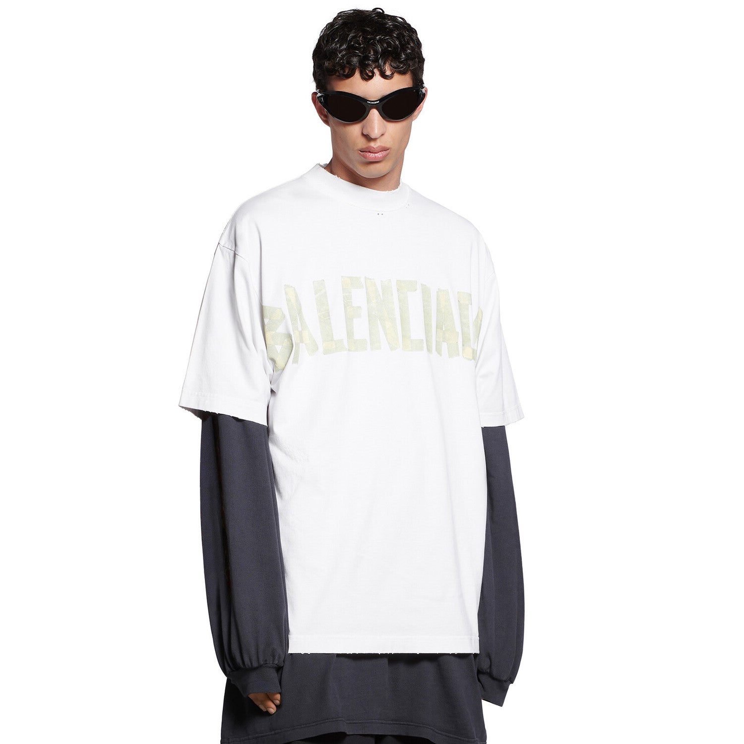 Balenciaga Men's and Women's Tape Type T-Shirt Medium Fit In Faded Letter Print Round Neck Loose Fit Short Sleeve T-Shirt #98738