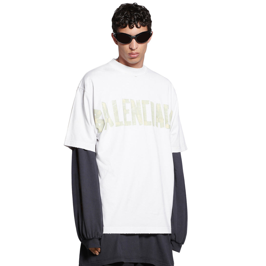 Balenciaga Men's and Women's Tape Type T-Shirt Medium Fit In Faded Letter Print Round Neck Loose Fit Short Sleeve T-Shirt #98566