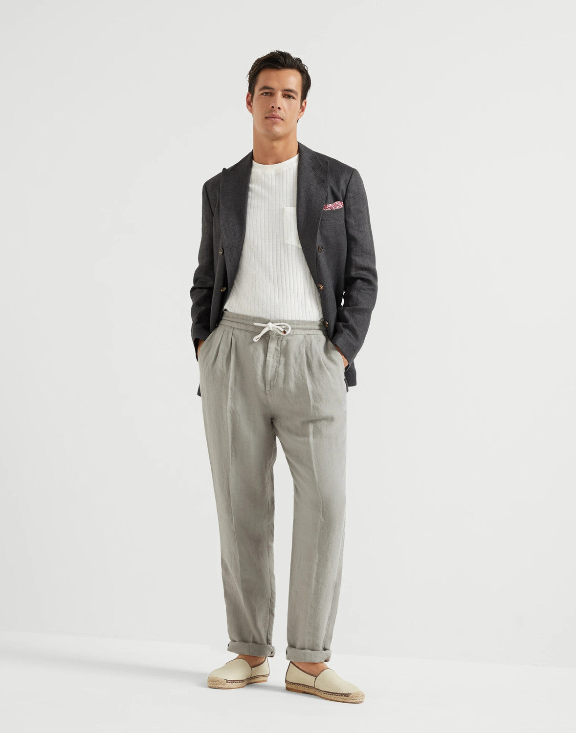 Brunello Cucinelli Men's Four-Season Drawstring Tie-Waist Plain-Colored Fitted Casual Linen Pants Ngvp #2296
