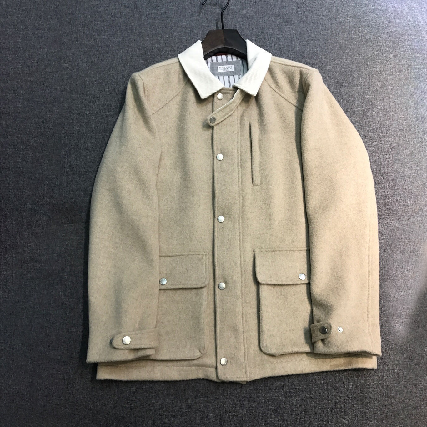 Brunello Cucinelli Men's Fall/Winter Fashion Show Reversible Collar Zipper Hunting Style Vintage Business Casual Wool Twill Coat Jacket #79494