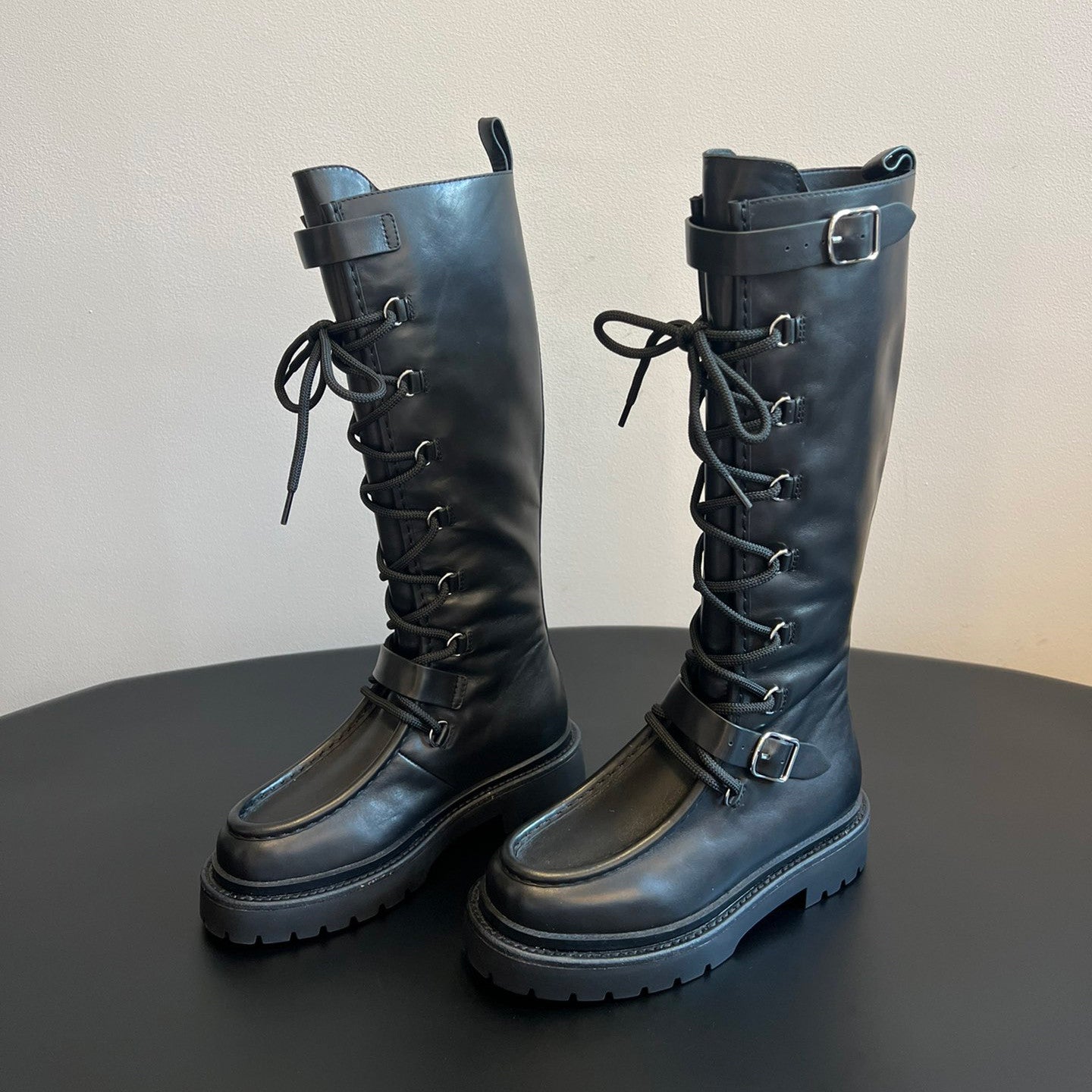 Hermes Women's Fall/Winter Landscape Boots Lace-Up Round-Toe High-Top Boots Solid-Color Cowhide Casual Shoes Heel Height: 3.5cm Ngvp #2326