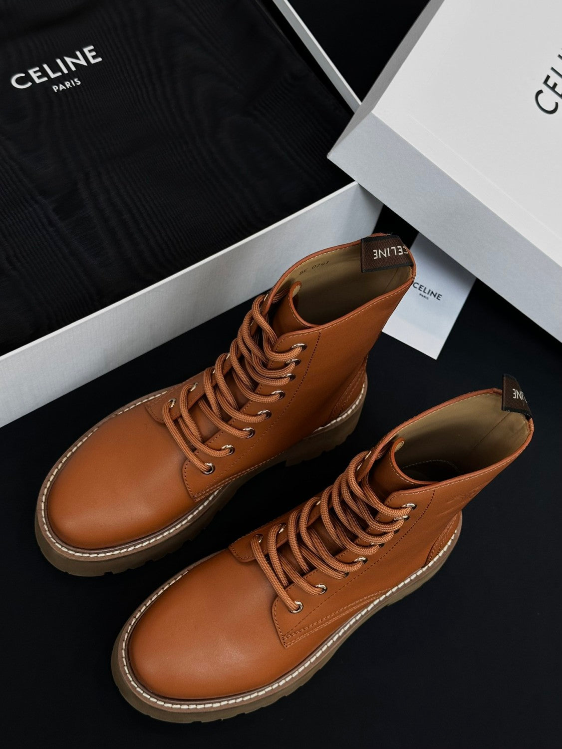 Celine Women's Spring/Fall Fashion Classic Nylon Glossy Leather Lace Up Thick Sole Martin Boots Short Boots Shoes #78277