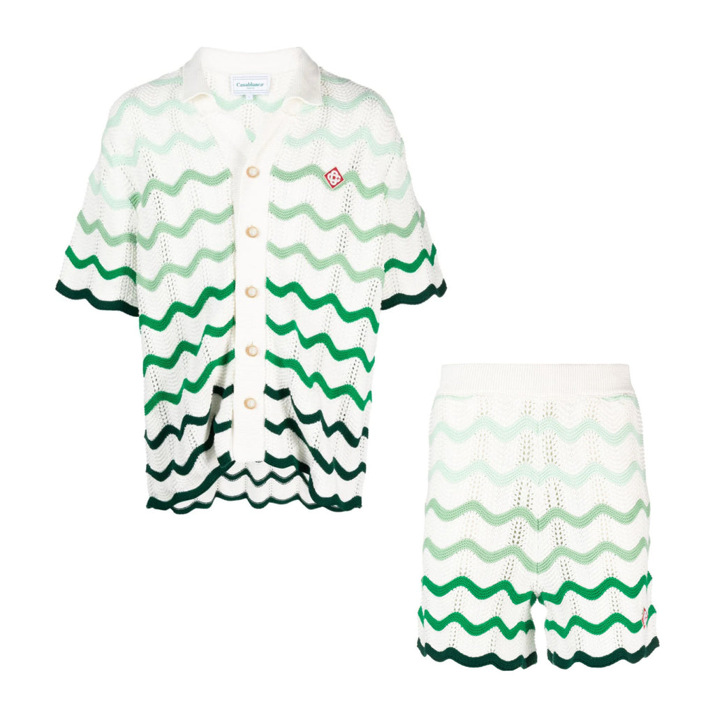 Casablanca Men's Summer Wave Stripe Single Breasted Knit Short Sleeve Shirt Cotton Shorts Pants Suit Set #98831