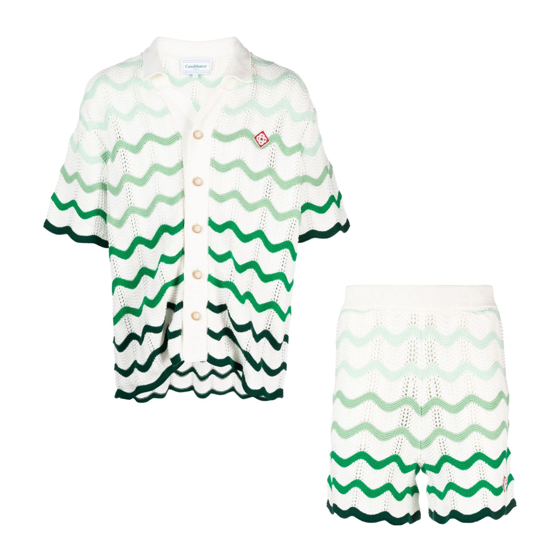 Casablanca Men's Summer Wave Stripe Single Breasted Knit Short Sleeve Shirt Cotton Shorts Pants Suit Set #98831
