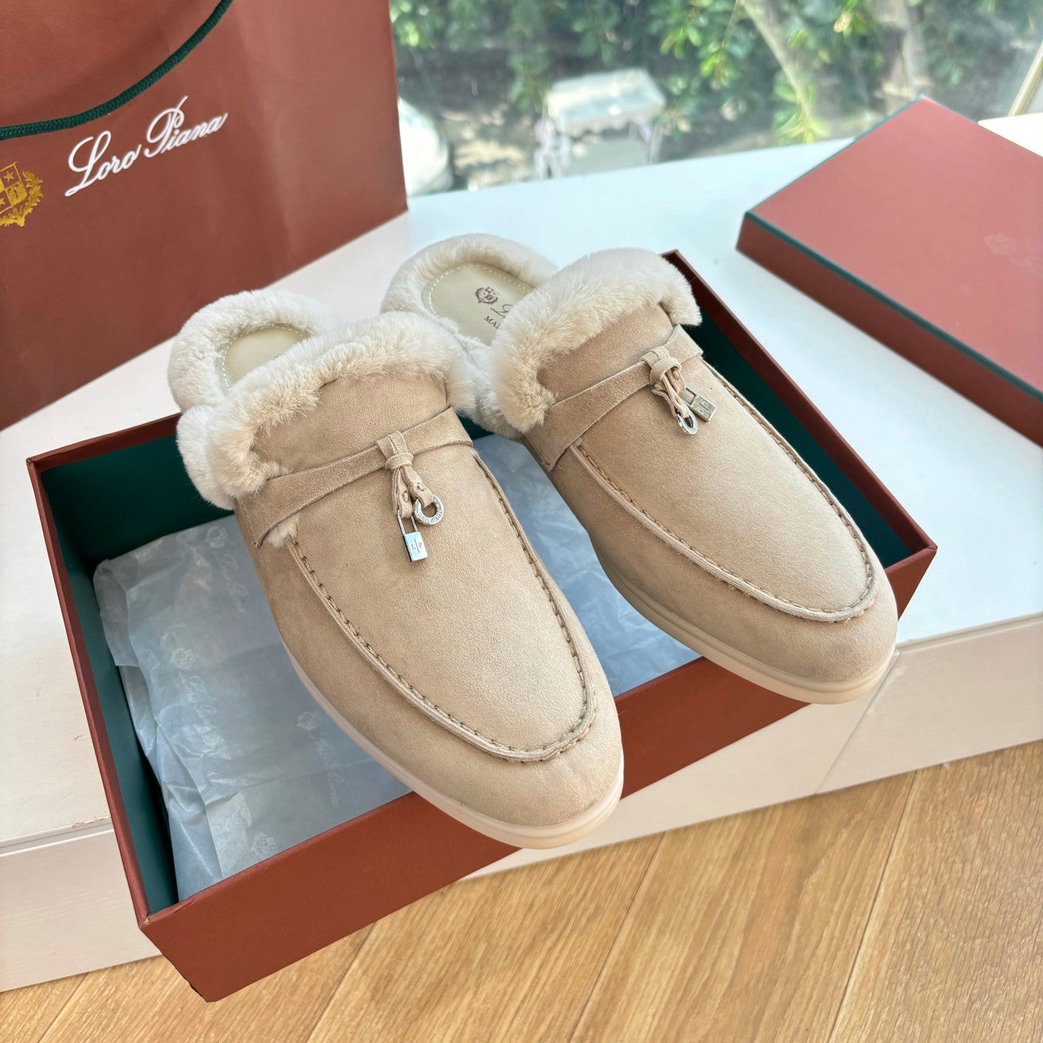Loro Piana Women's Autumn/Winter Fashion Casual Suede Round Toe Flat Loafers With Exposed Heels Shoes #78312