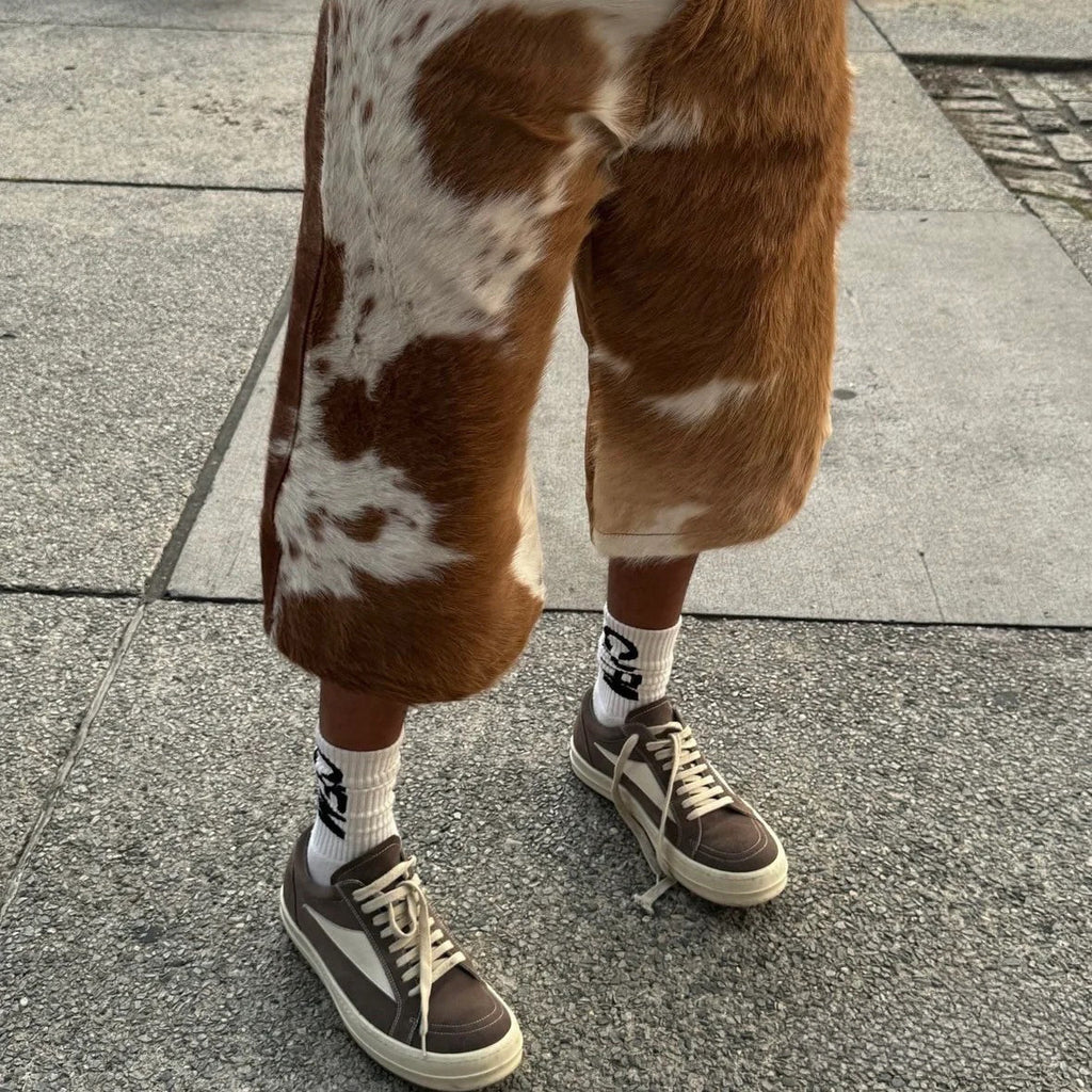 Self-branded Spring And Summer New 1of1 Leather Cow Fur Shorts High Street Trend Fashion Hip-hop Style Versatile Luxury Wide-legged Shorts Ngvp #1583