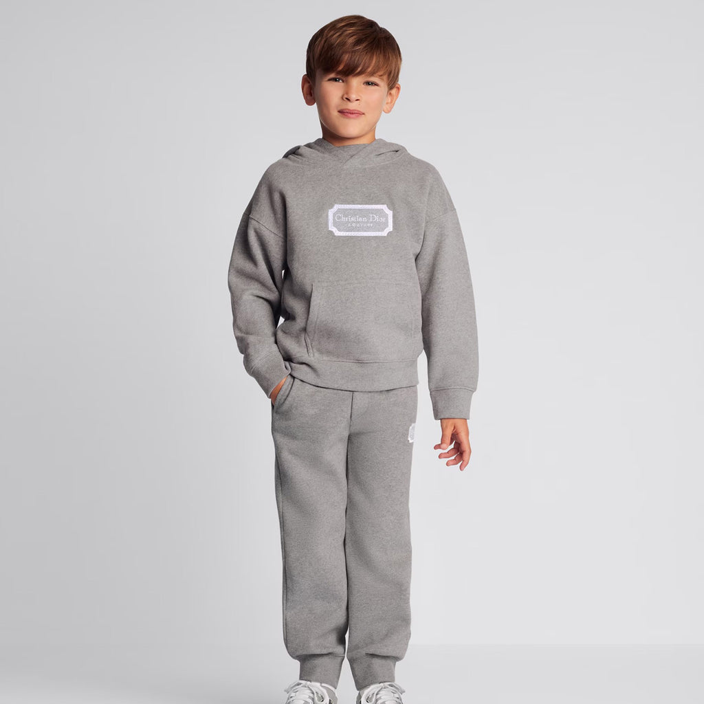 Dior Kid's Spring And Autumn Gray Letter Embroidery Hooded Long Sleeve Cotton Sweatshirt Drawstring Knit Track Pants Set #31245