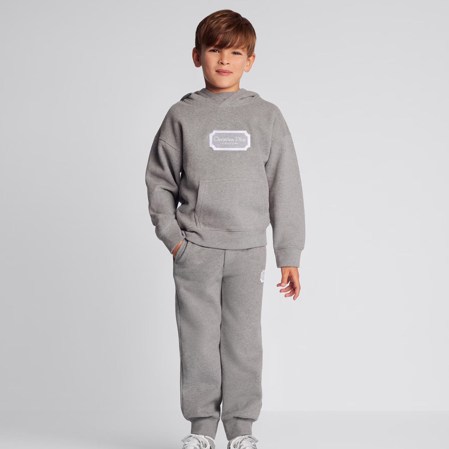 Dior Kid's Spring And Autumn Gray Letter Embroidery Hooded Long Sleeve Cotton Sweatshirt Drawstring Knit Track Pants Set #31245