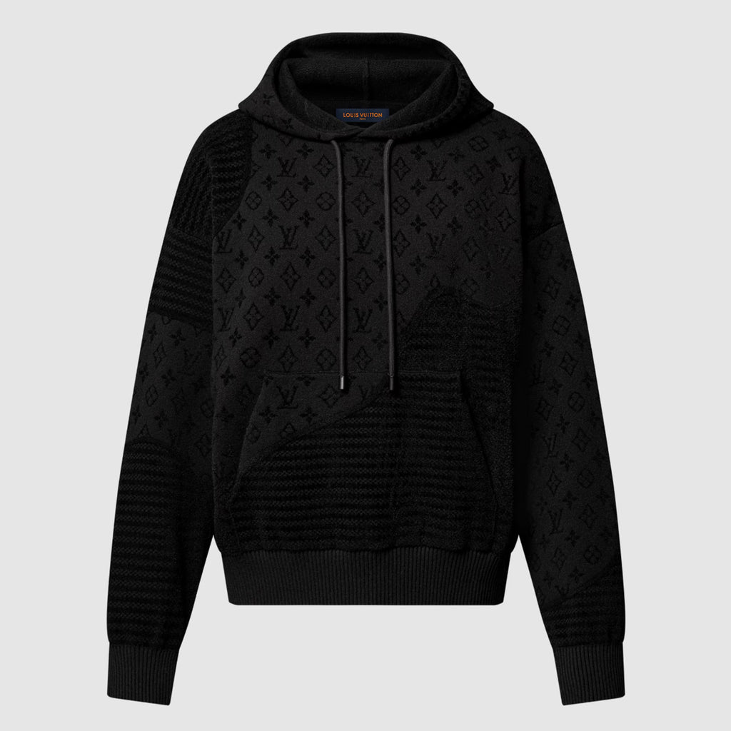 Louis Vuitton Men's Spring and Autumn Black Knitted Jacquard Patchwork Pullover Hoodie Monogram Velvet Stripe Long Sleeve Hooded Sweatshirt  #76342