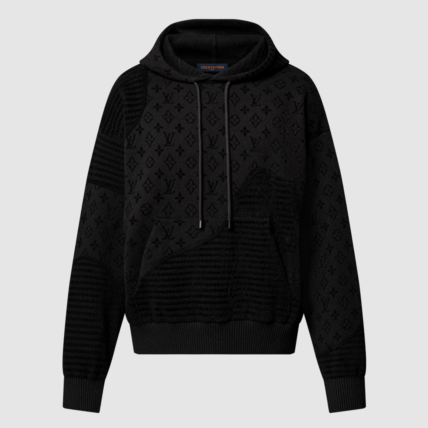 Louis Vuitton Men's Spring and Autumn Black Knitted Jacquard Patchwork Pullover Hoodie Monogram Velvet Stripe Long Sleeve Hooded Sweatshirt  #76342