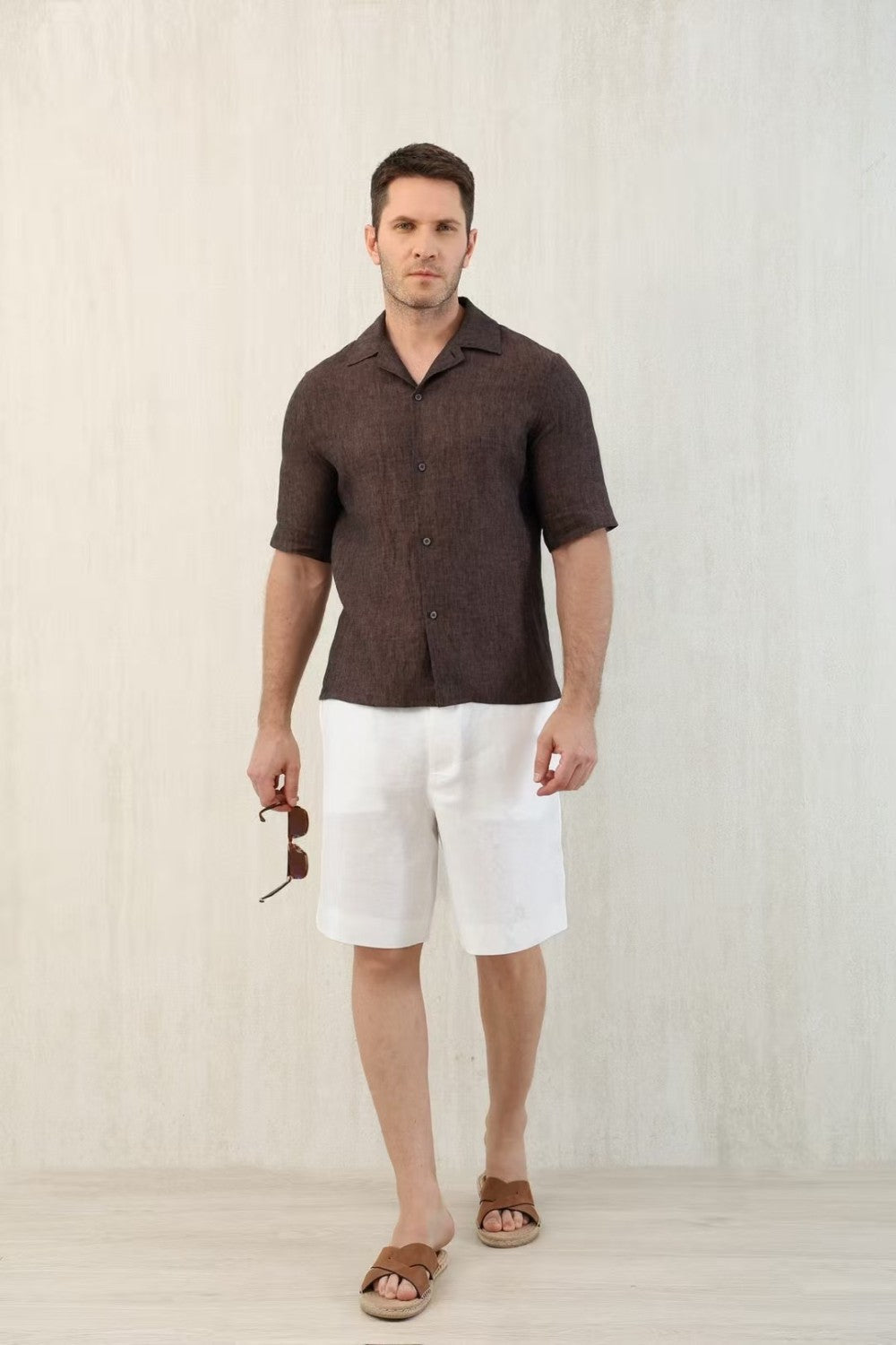Brunello Cucinelli Men's Linen Loose Summer Single-Breasted Solid Color Lapel Short Sleeve Shirt Ngvp #1454