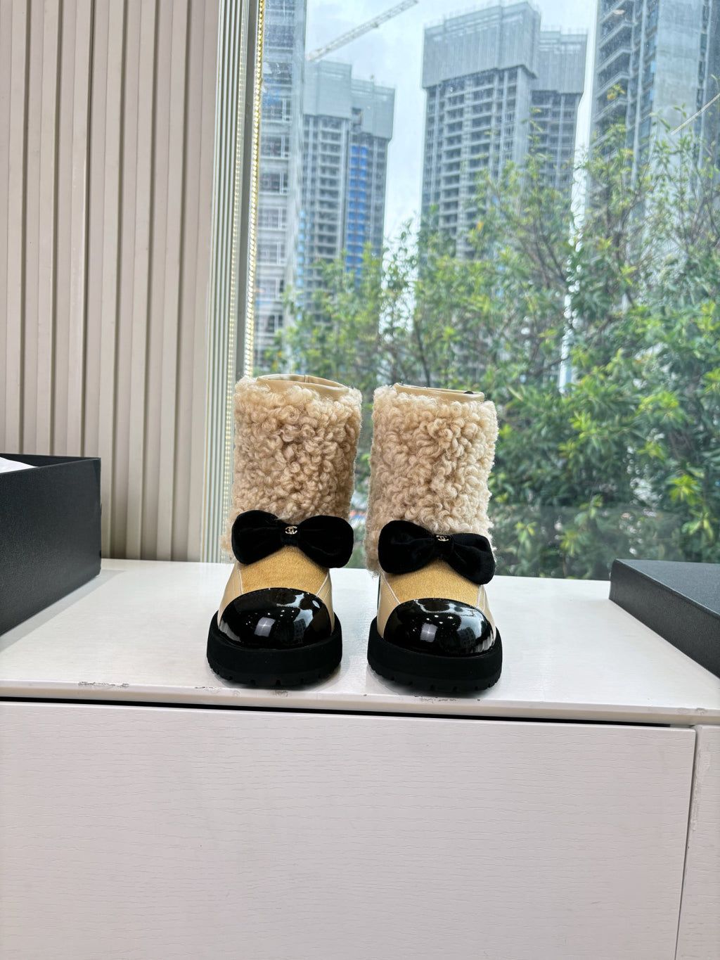 Chanel Short Boots Shearling Lambskin Calfskin Lambskin Patent Calfskin Beige Black #334244