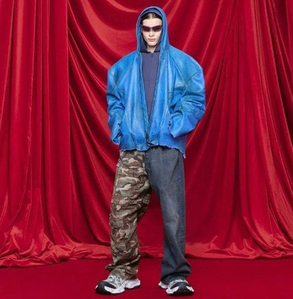 Balenciaga Men's Spring And Fall Fashion Zipper Blue Cowhide Hooded Long Sleeve Loose Biker Jacket Ngvp #8581