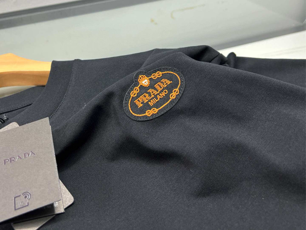 Prada Men's Summer Embroidered Logo Solid Color Round Neck Cotton Short Sleeve T-Shirt #74884