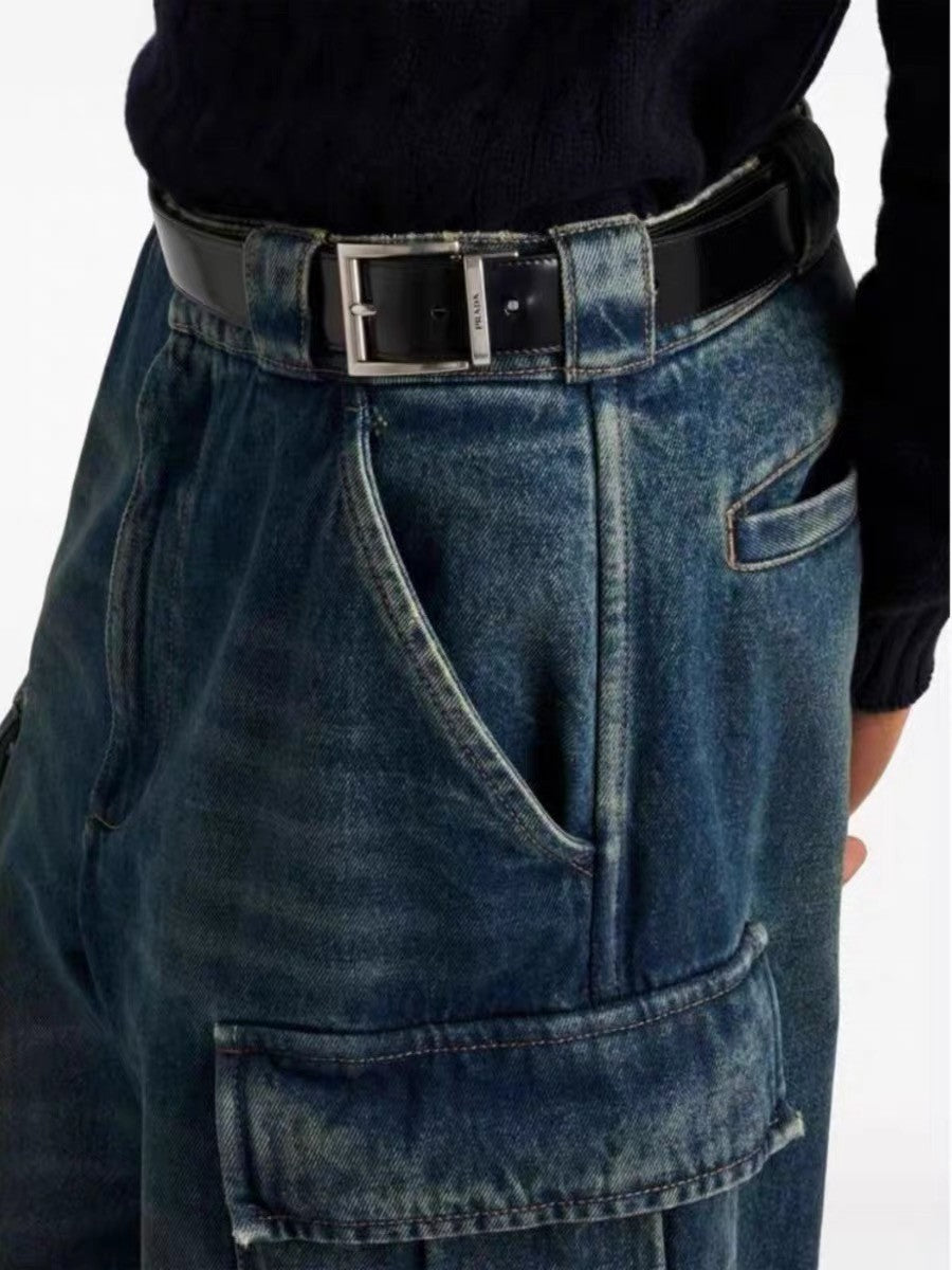 Prada Men's Four Seasons Logo Old Multi-Pocket Mid-Rise Loose Work Pants Cotton Denim Trousers Pants #81198