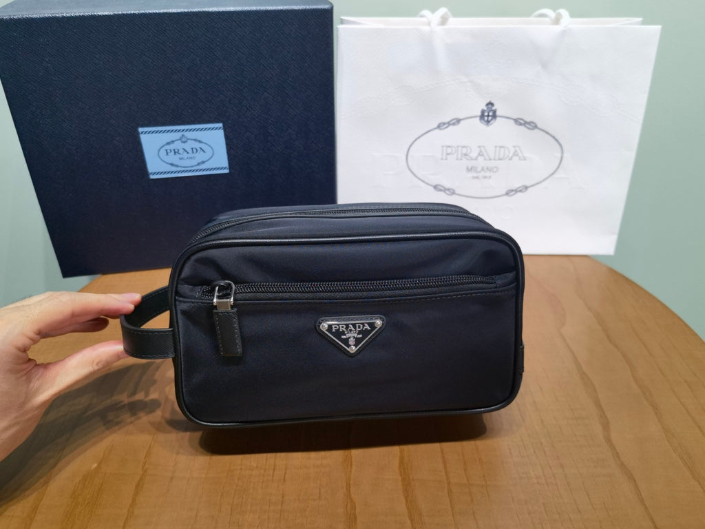 PRADA New Regenerated Nylon Enameled Triangle Logo Saffiano Leather Travel Storage Bag Toiletry Bag #332316