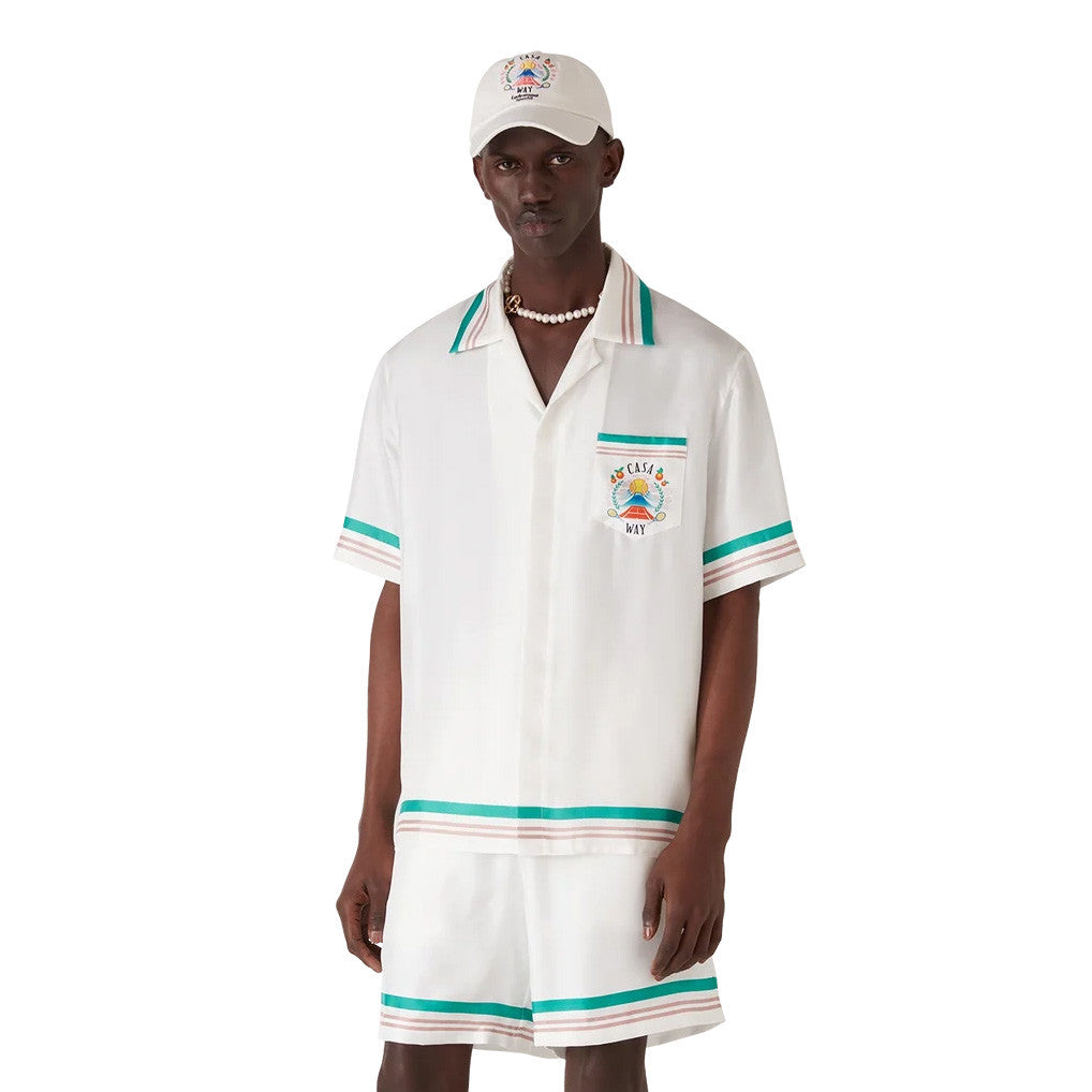 Casablanca Men's And Women's Summer Fashion Casual Cherry Blossom Pattern Silk Striped Collared Short Sleeved Shirt And Elastic Striped Shorts Set #78235
