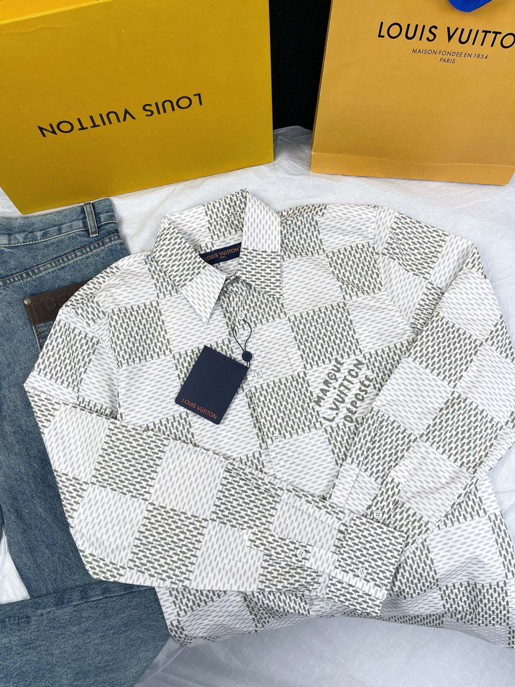 Louis Vuitton Men's Summer White Letter Check Printed Lapel Single Breasted Long Sleeve Shirt #99211