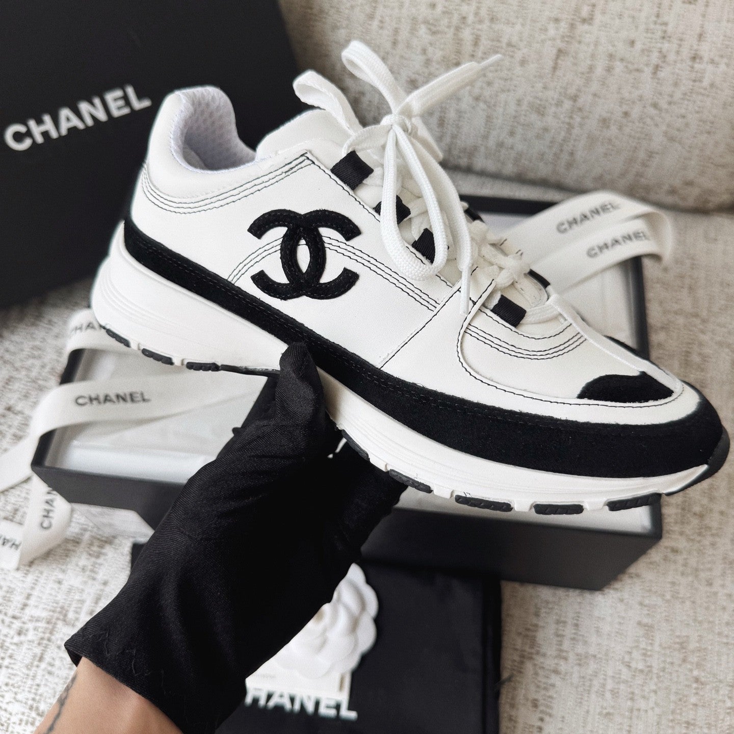 CHANEL Sneakers Calfskin Suede Calfskin White Black #378646
