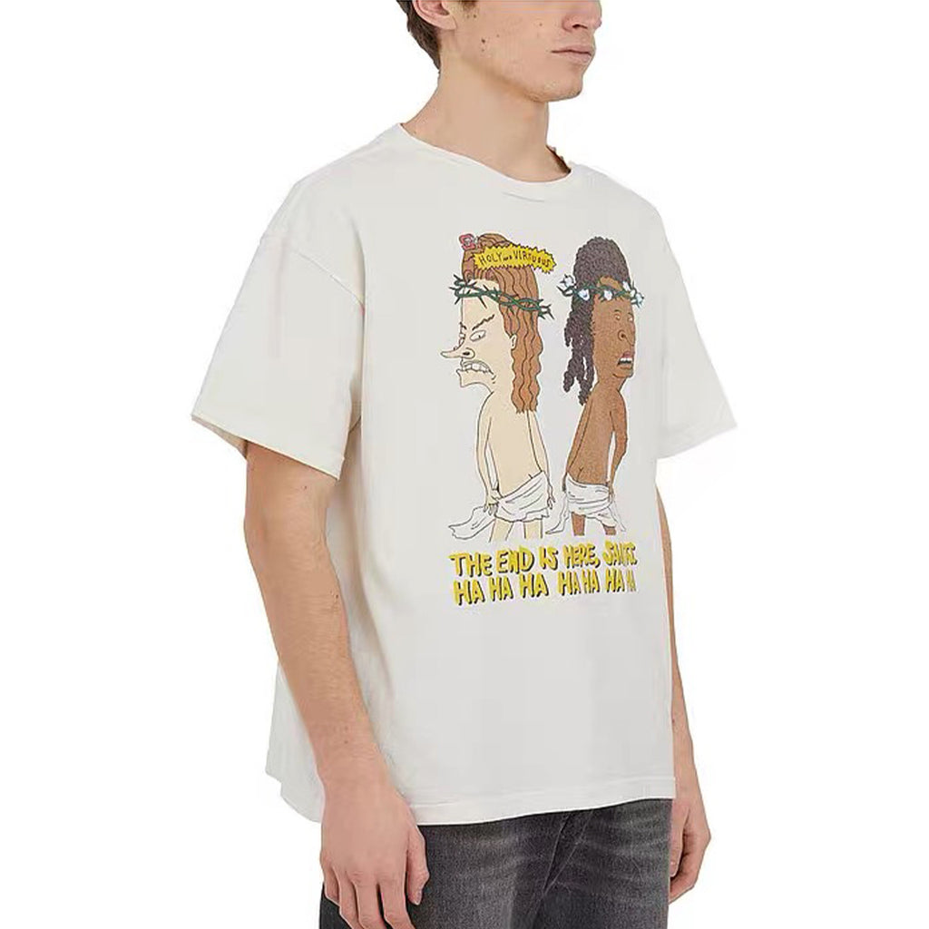 Saint Michael Men's Summer Solid Color Character Printed Round Neck Loose Aged Cotton Short Sleeve T-Shirt Ngvp #7919