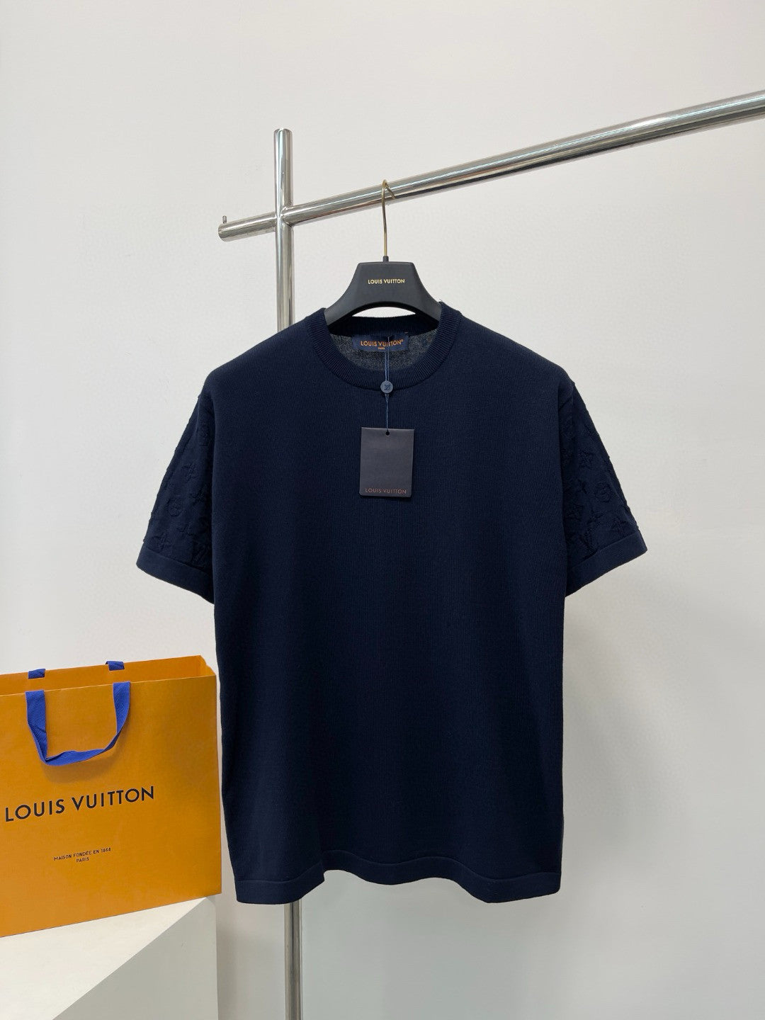 Louis Vuitton Men's Summer Letter Jacquard Pattern Navy Round Neck Cotton Short Sleeve T-Shirt #97886