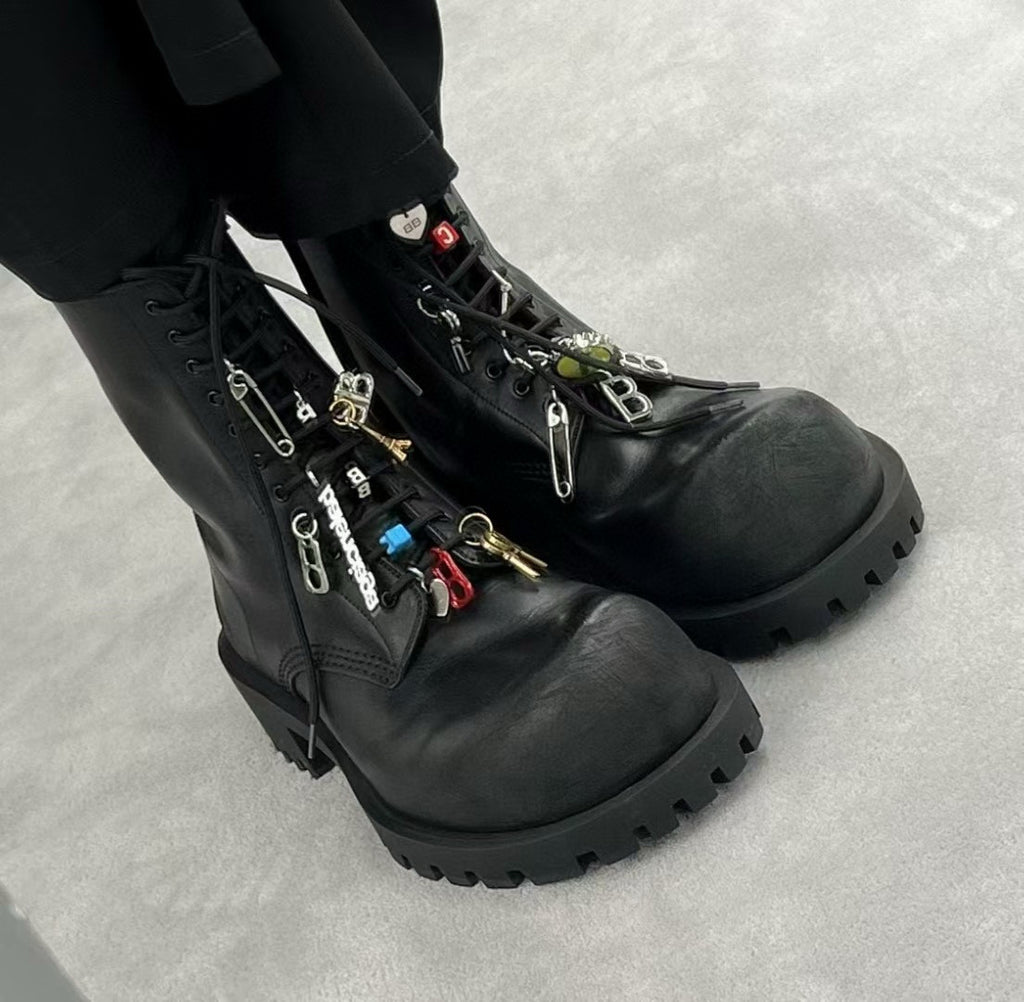 Balenciaga Men's Hummer Lace-up Bootie In Black Lace-up Leather Shoes Ankle Boots With Large Pendant Fashionable And Trendy Casual Thick-soled Short Boots Ngvp #2244