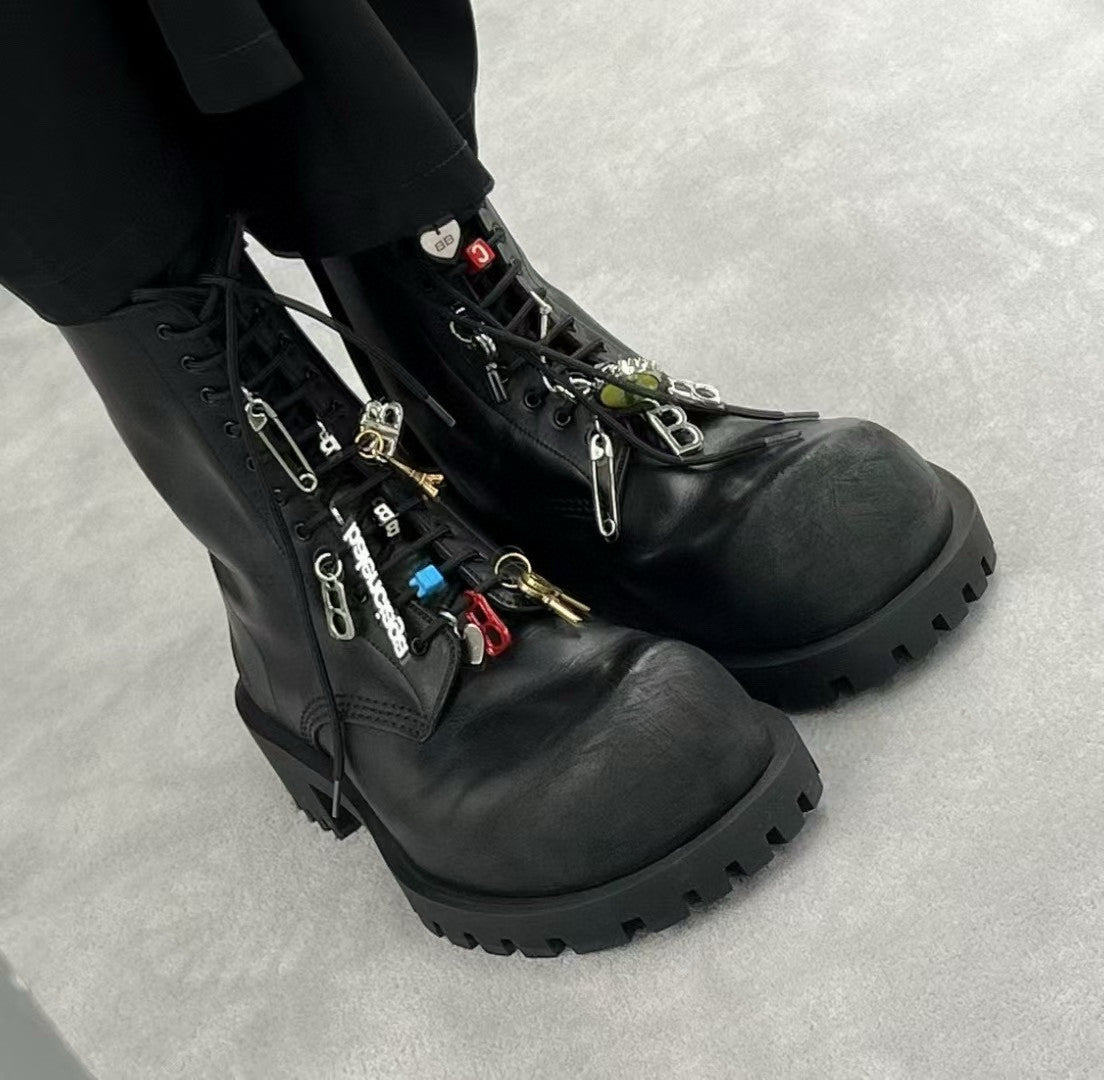 Balenciaga Men's Hummer Lace-up Bootie In Black Lace-up Leather Shoes Ankle Boots With Large Pendant Fashionable And Trendy Casual Thick-soled Short Boots Ngvp #2244