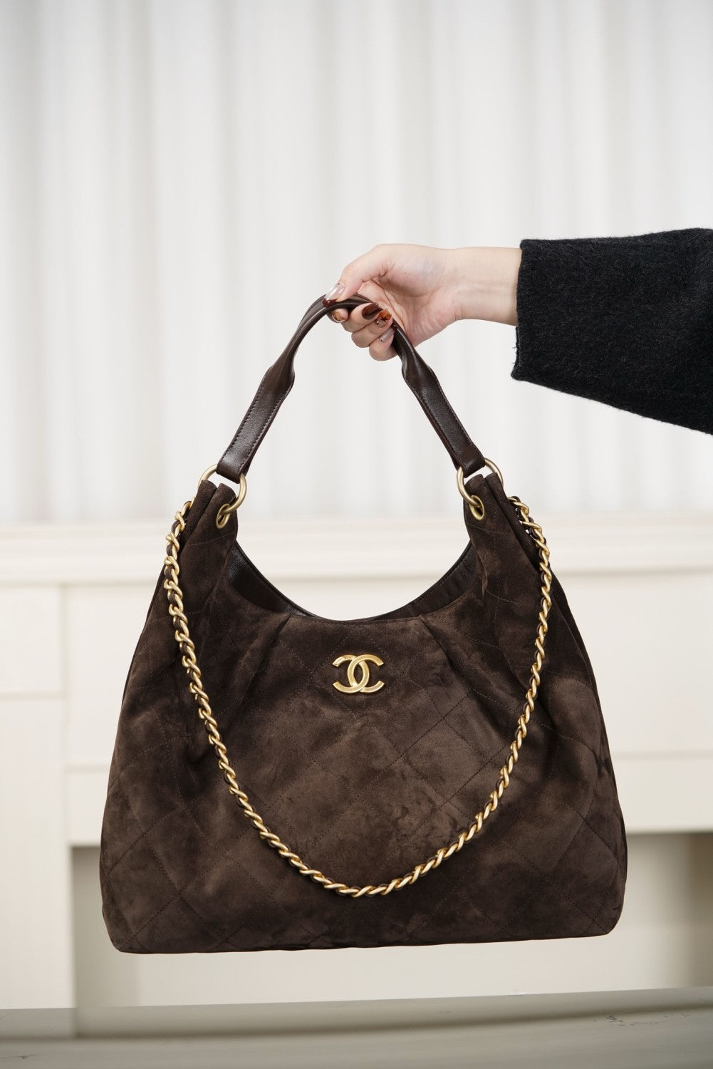 Chanel Maxi Hobo Bag Suede Calfskin Lambskin Gold-tone Metal Dark Brown #336664