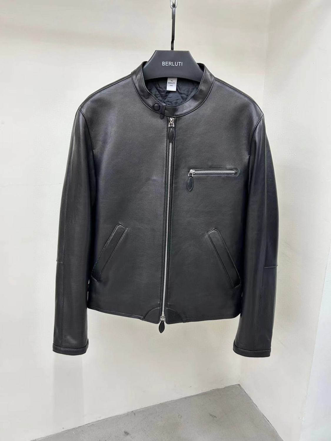Berluti Men's Fall And Winter Collar Slim Biker Lambskin Leather Long Sleeve Jacket #98477